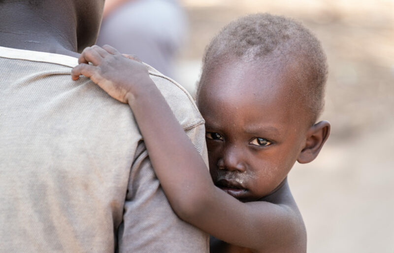 A boy looks over a man's shoulder