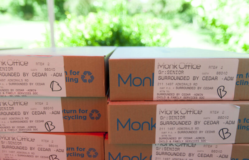 Boxes of school supplies ready for distribution