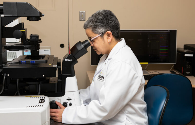 scientist looking through a microscope.