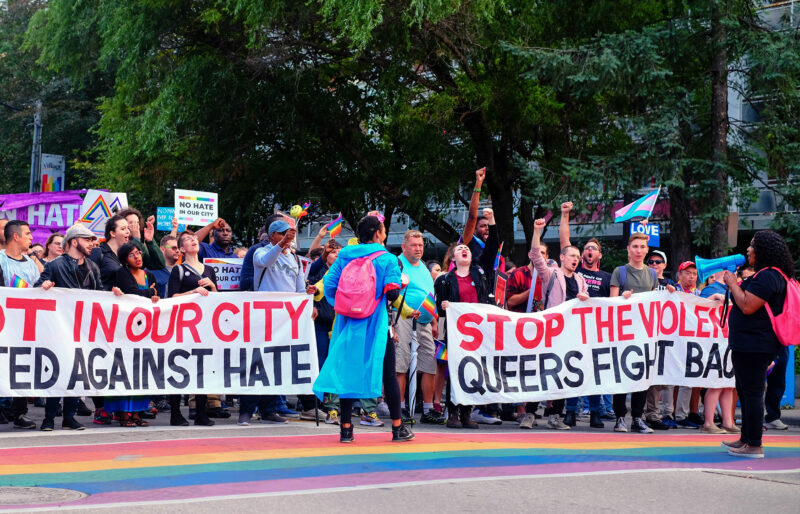 The 519 Army of Lovers Campaign Defend Church Street with banners calling for end of violence.