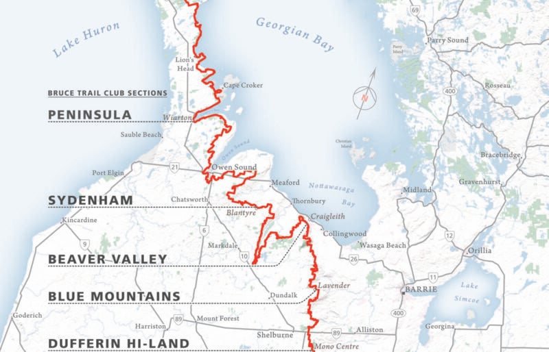 Bruce Trail Overview Map. Caption: Stretching 900 km from Queenston Heights, Niagara to Tobermory in southern Ontario, the Bruce Trail provides the only continuous public access to the magnificent Niagara Escarpment, a UNESCO World Biosphere.