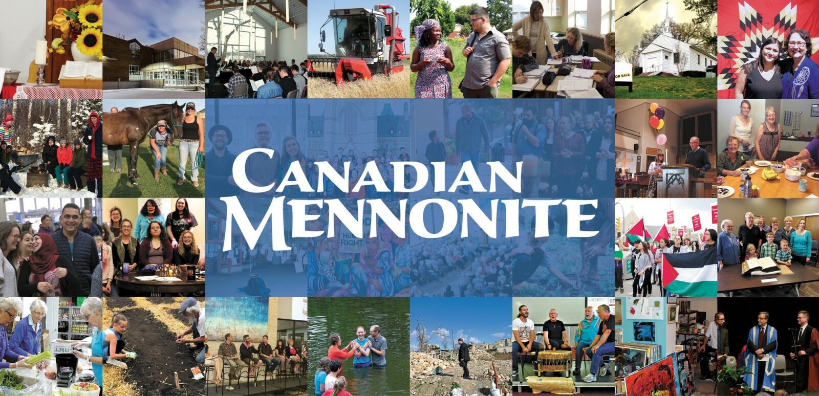 Words 'Canadian Mennonite' in the centre of a series of images depicting congregational life of Mennonites in Canada