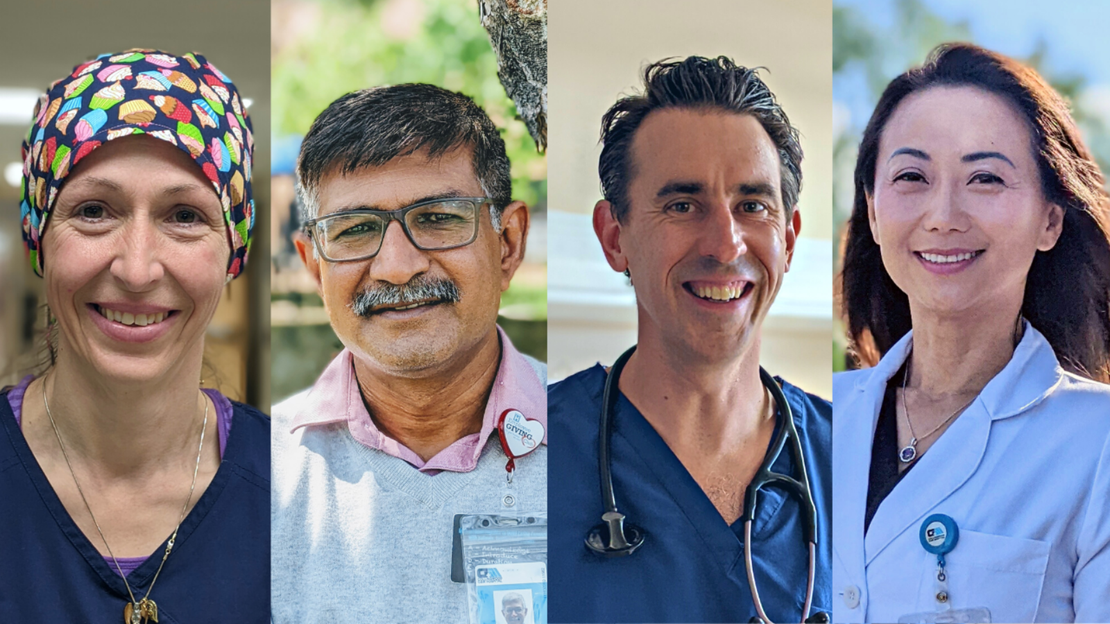 portrait photos of EVS employee, pharmacy employee, and two doctors, male and female, all smiling