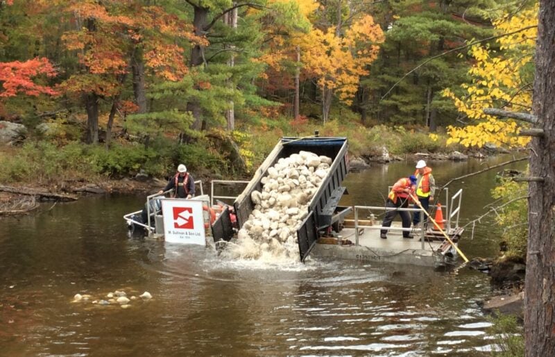 A barge dumps stone in a lake to restore a walleye spawning bed.