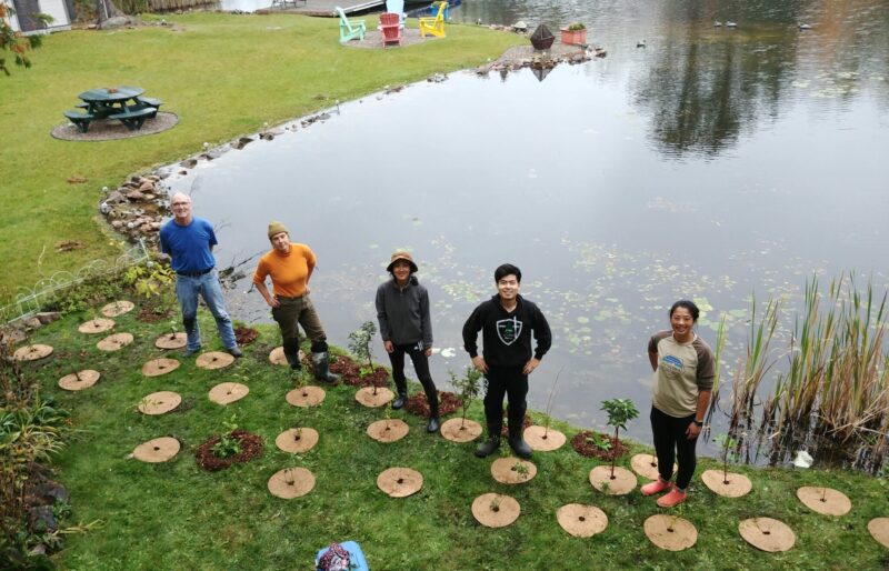 A group of five people pose along a newly planted shoreline.