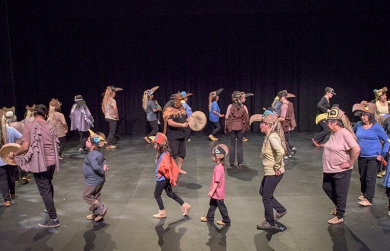 A group of people are walking in a circle on a stage all wearing masks representing different animals. Two people drum in the centre of the circle.