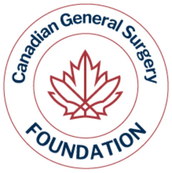 circular white logo for the Canadian General Surgery Foundation with red border and a stylized red maple leaf at the center