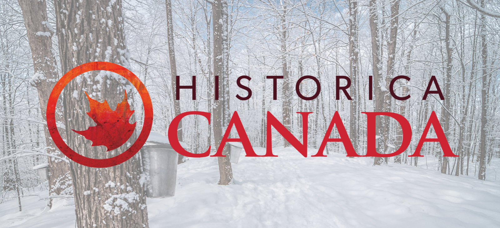 Historica Canada logo against a background image of maple trees in winter
