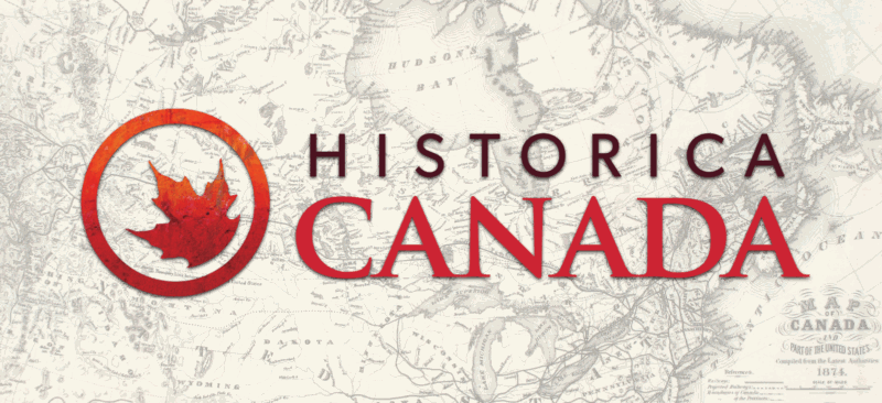 Historica Canada logo against a background showing a historical map of Canada