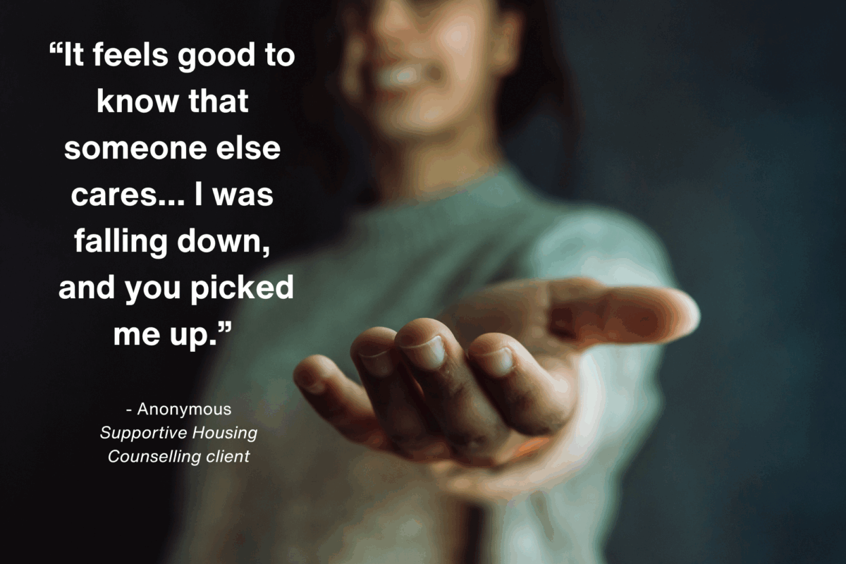 woman holding out her hand with testimonial quote