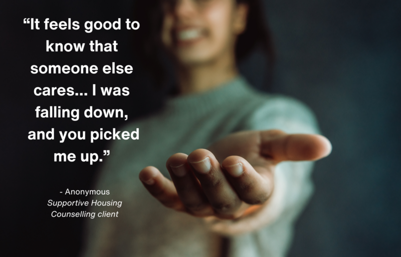 woman holding out her hand with testimonial quote