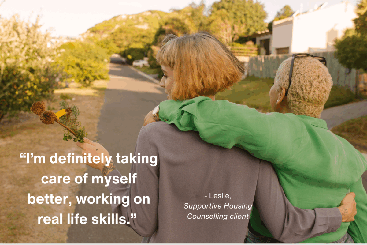 young woman and older woman walking arm in arm with testimonial quote