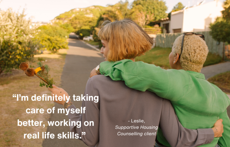 young woman and older woman walking arm in arm with testimonial quote