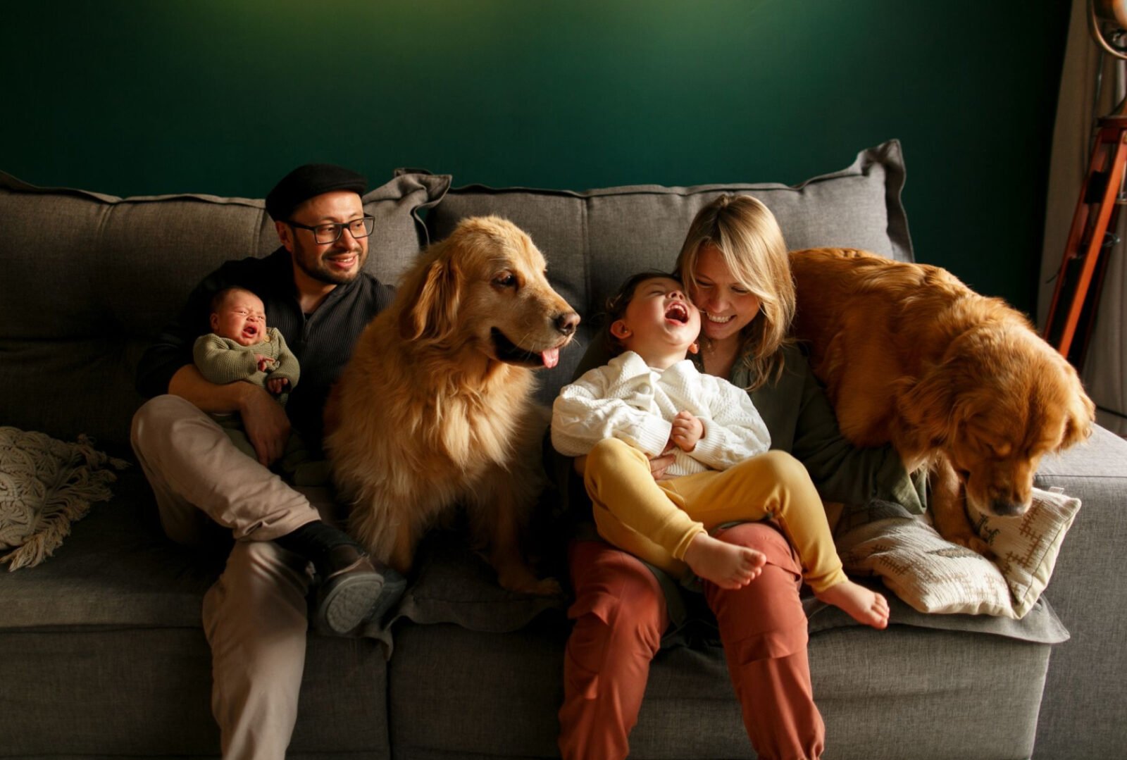 A family of a man, a woman, a baby, a toddler and two dogs sitting on a couch together.
